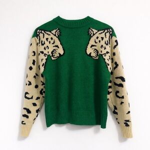 🐆 Angashion Green Leopard Sleeve Knit Sweater | Size L